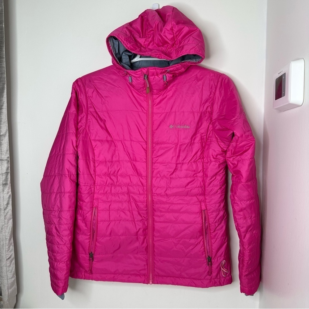 Columbia Women's Pink Hooded lightweight Jacket with pink ribbon